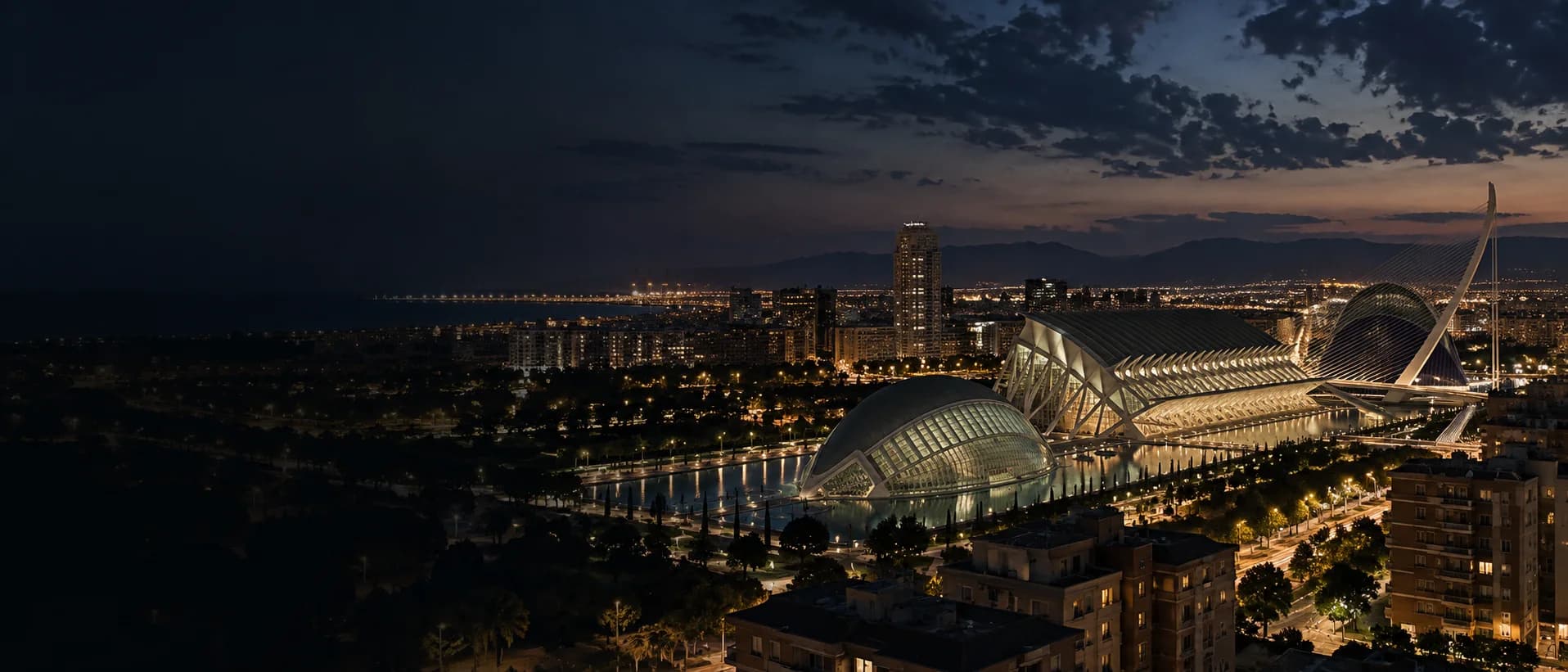 Vista nocturna panorámica de València con la Ciudad de las Artes y las Ciencias iluminada