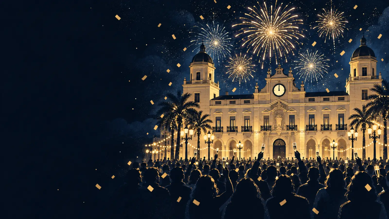Ilustración de Nochevieja en la Plaza del Ayuntamiento de Alicante, con confeti y fuegos artificiales dorados
