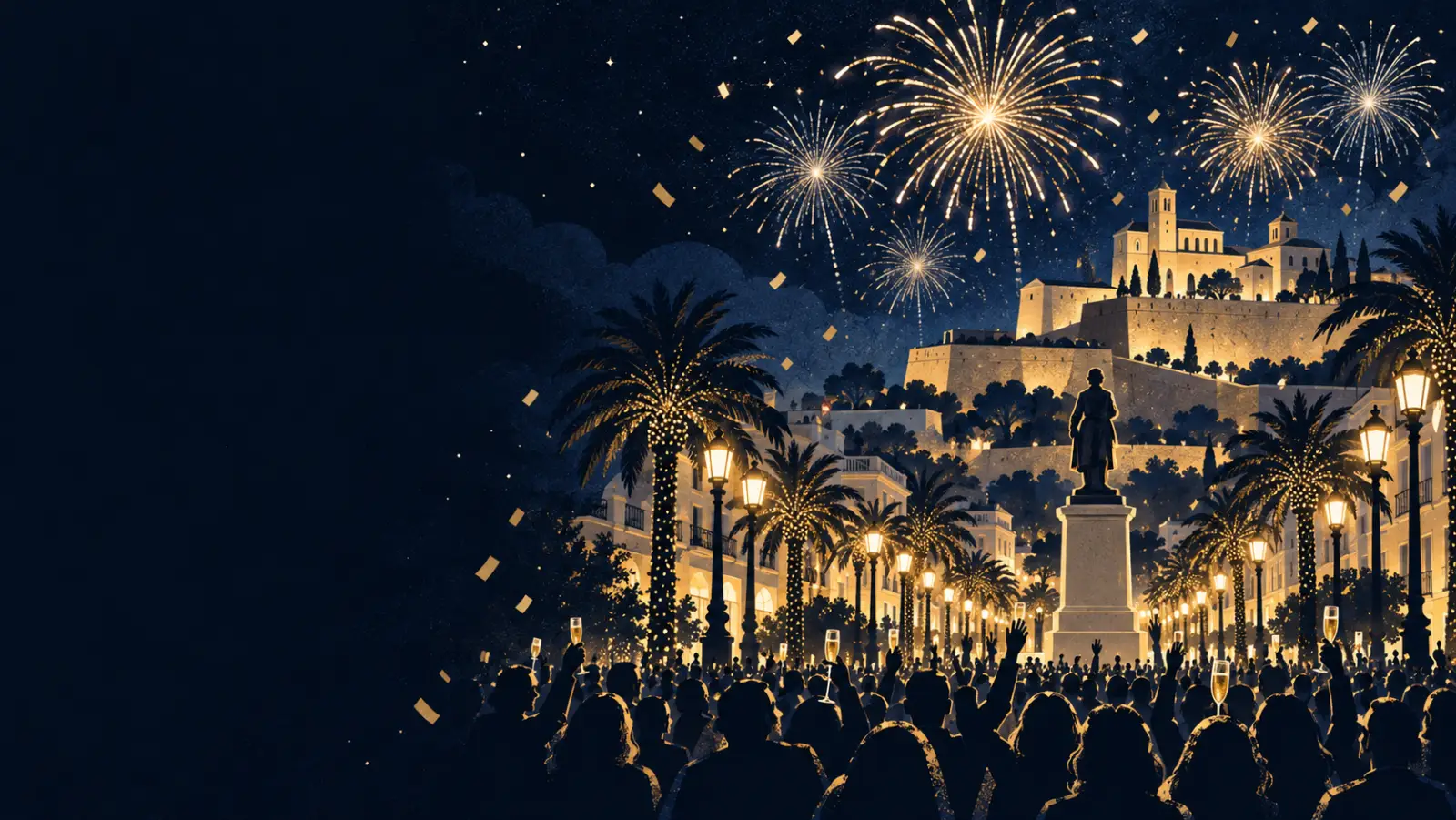Ilustración de Nochevieja en Vara de Rey de Ibiza, con Dalt Vila iluminada y fuegos artificiales dorados