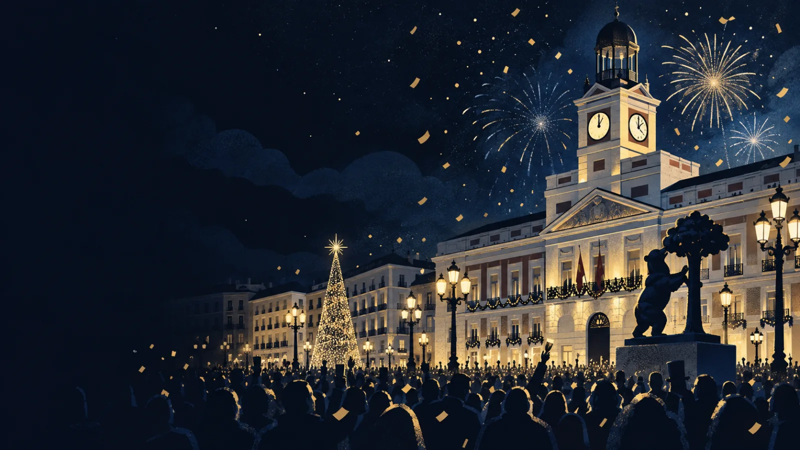 Ilustración de Nochevieja en la Puerta del Sol de Madrid, con fuegos artificiales dorados y público en silueta