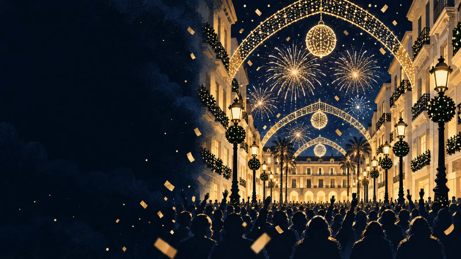 Ilustración de Nochevieja en la calle Larios de Málaga, iluminada en dorado y llena de público en silueta