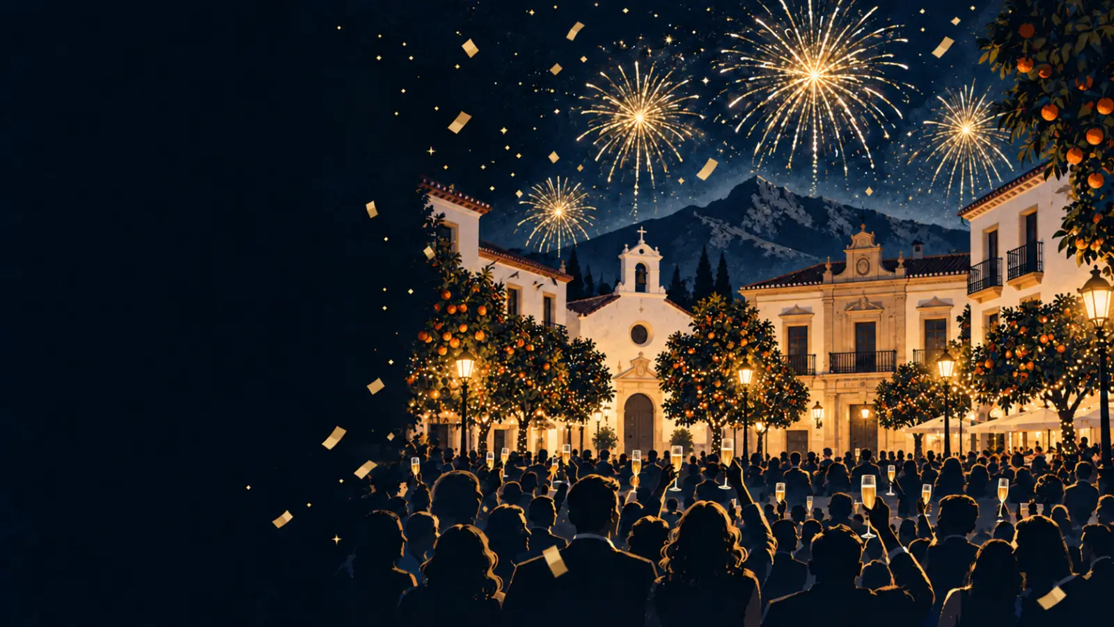Ilustración de Nochevieja en la Plaza de los Naranjos de Marbella, con naranjos, fachadas blancas y fuegos artificiales dorados