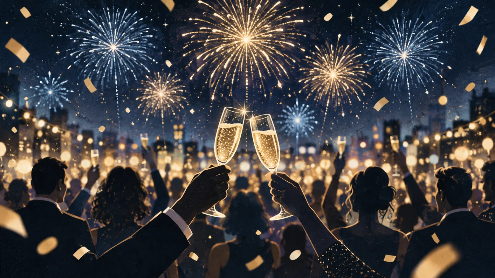 Ilustración de una celebración de Nochevieja en España con fuegos artificiales dorados y público en silueta