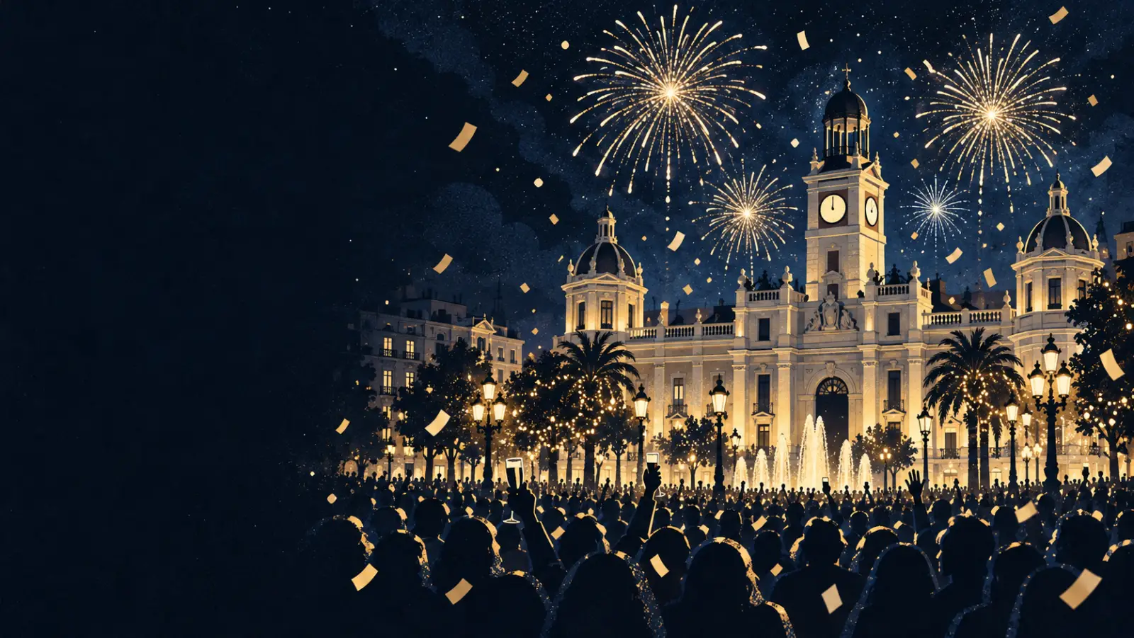 Ilustración de Nochevieja en la Plaza del Ayuntamiento de Valencia, con fuegos artificiales y confeti dorado
